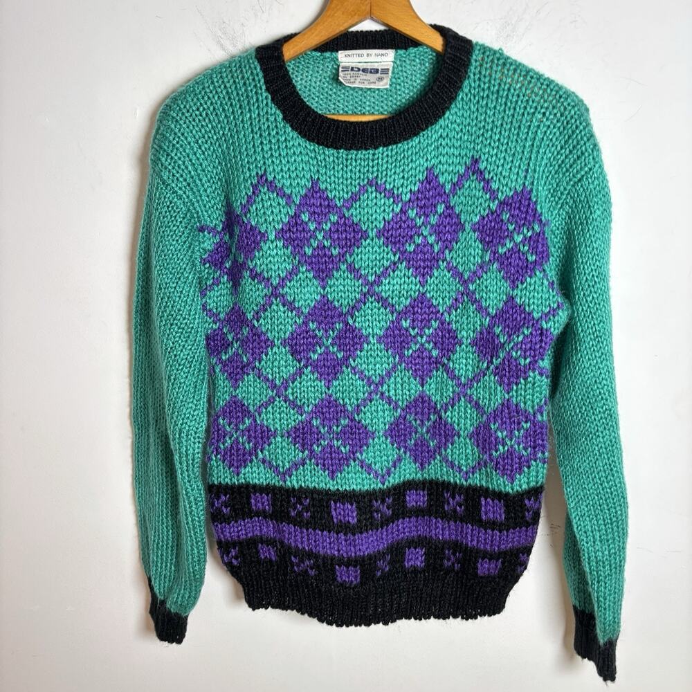 Vintage Hand Knit 80s Sweater Size Medium Teal Purple Black